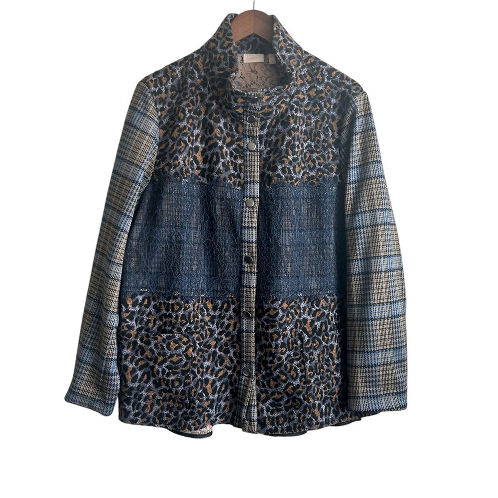 LOGO Lavish Women Shacket XL Patchwork Mixed Media Animal Print Snap Jacket